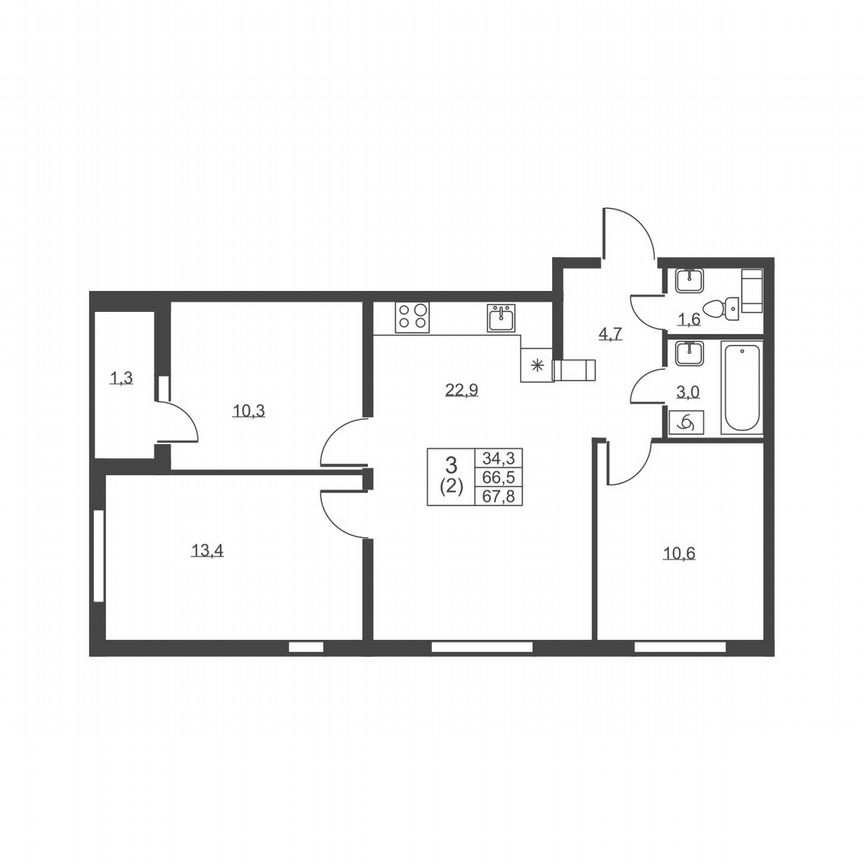 3-к. квартира, 67,8 м², 3/8 эт.