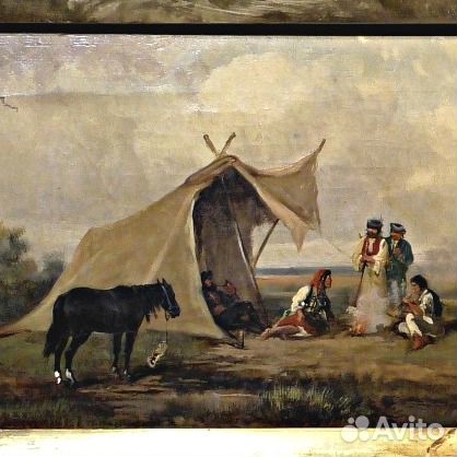 Картина.19 век.Индейцы у костра.Жанровая.Живопись