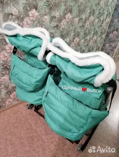 Новые санки для двойни Наши Детки (джинс/зеленый)