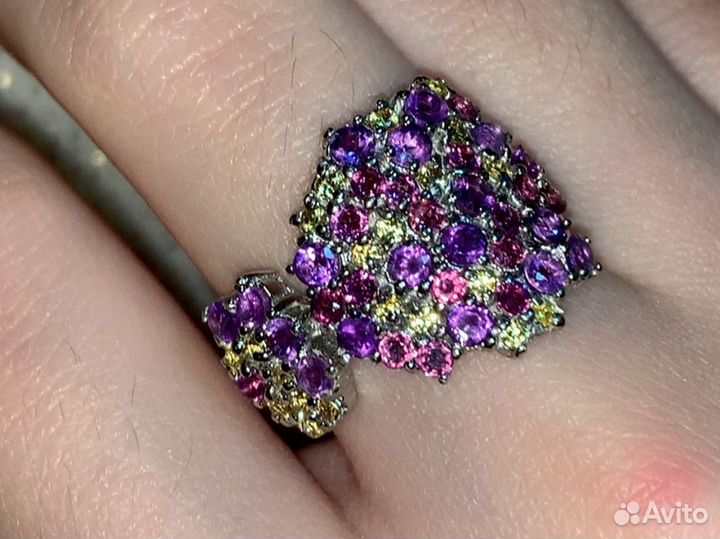 Серебряное кольцо микс гранат аметист сапфир