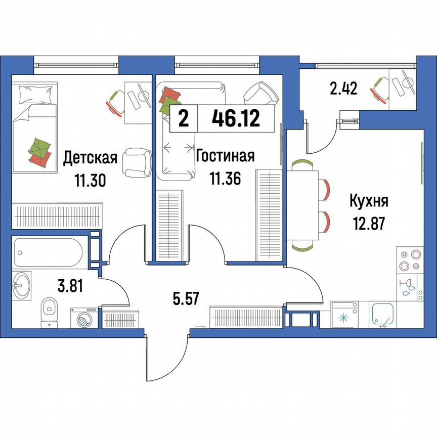 2-к. квартира, 46,1 м², 10/16 эт.