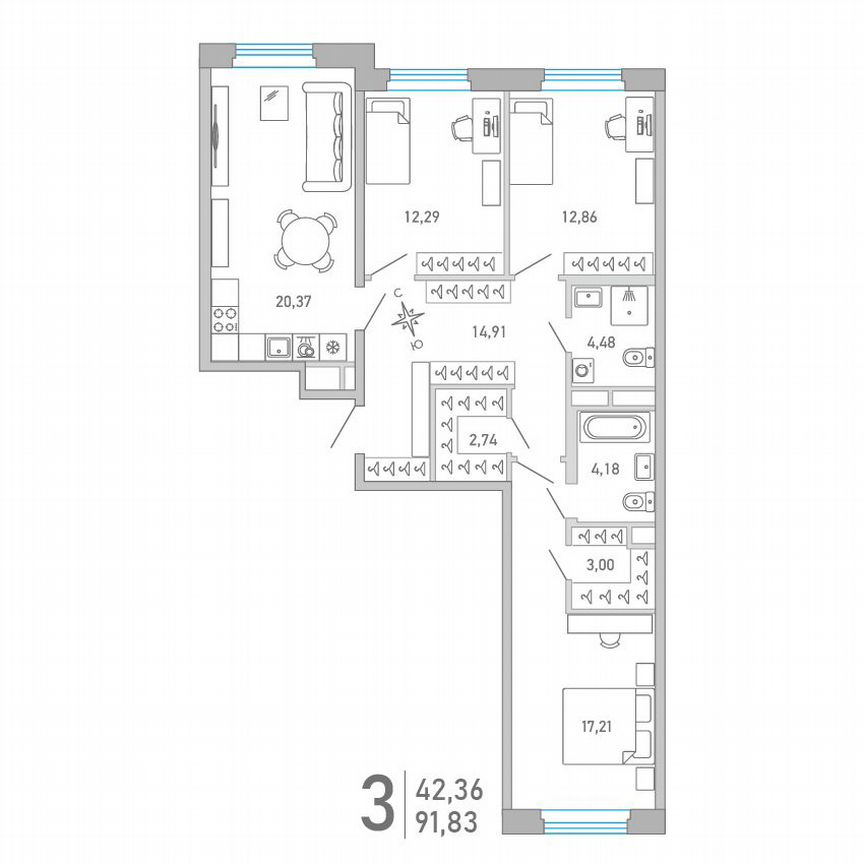 3-к. квартира, 91,8 м², 5/10 эт.