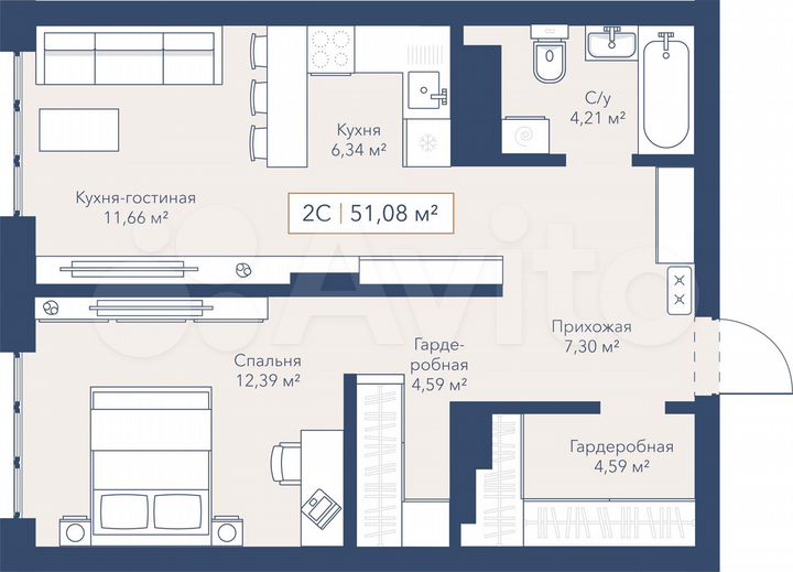 2-к. квартира, 51,1 м², 19/24 эт.