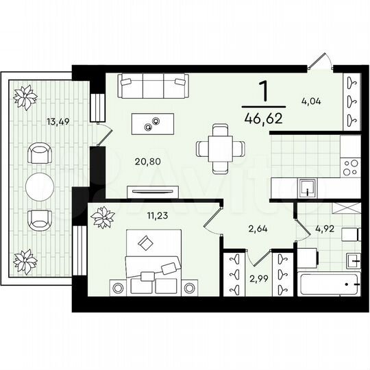 1-к. квартира, 46,6 м², 1/4 эт.