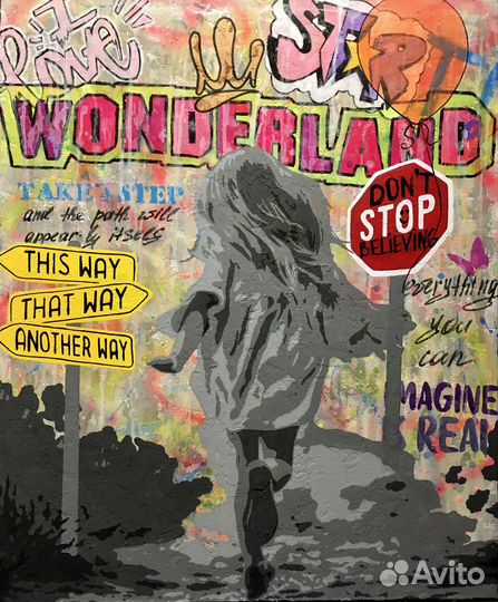Яркая большая картина граффити на холсте акрилом