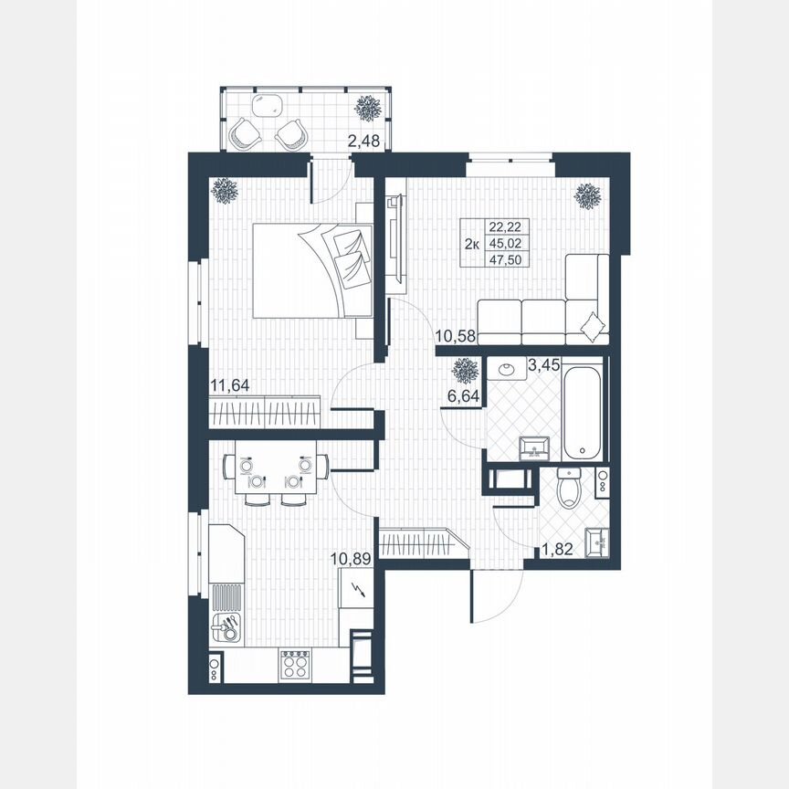 2-к. квартира, 45,8 м², 7/8 эт.