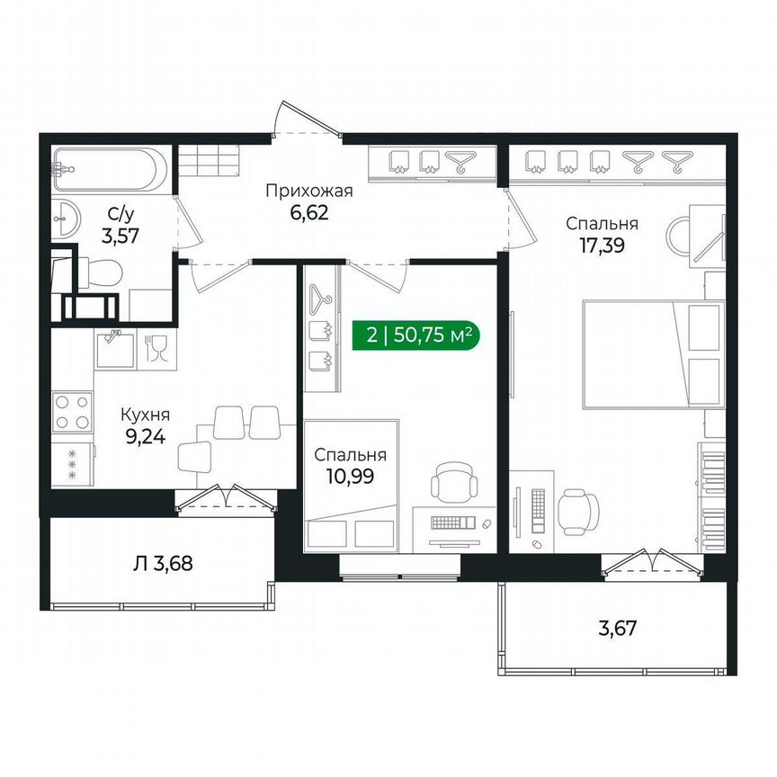 2-к. квартира, 50,8 м², 7/8 эт.
