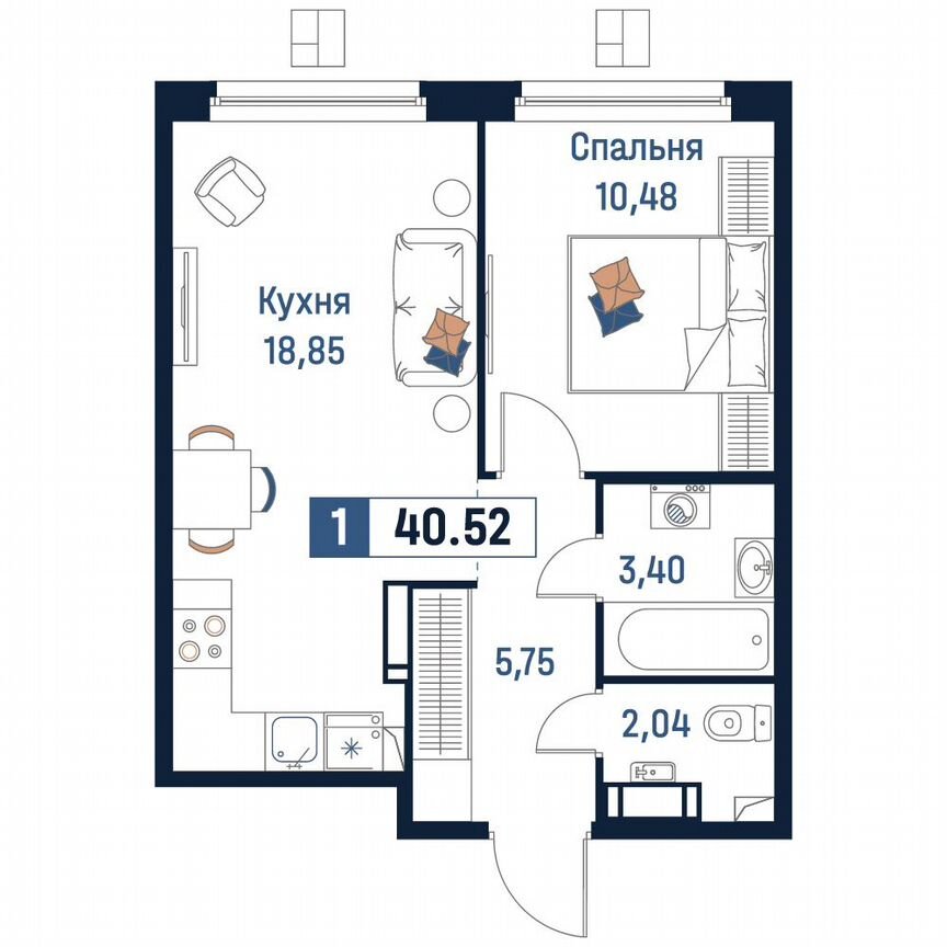 1-к. квартира, 40,5 м², 15/18 эт.
