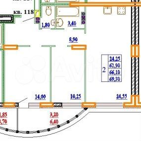 2-к. квартира, 69,3 м², 3/14 эт.