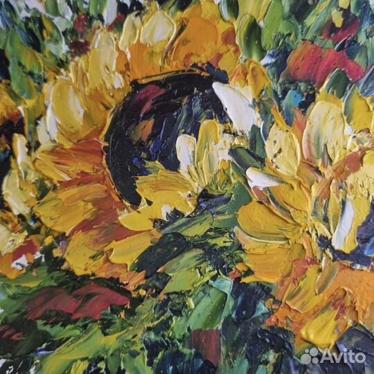 Картина маслом подсолнухи цветы 17*17 см