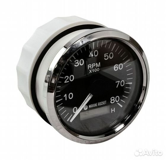Тахометр 0-8000 об/мин со счетчиком моточасов делитель 1-10, черный циферблат, черный ободок, Marine