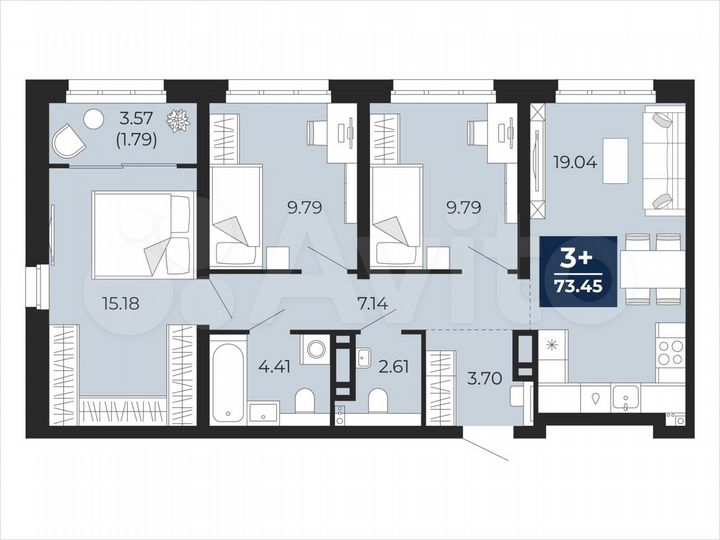 3-к. квартира, 73,5 м², 12/22 эт.