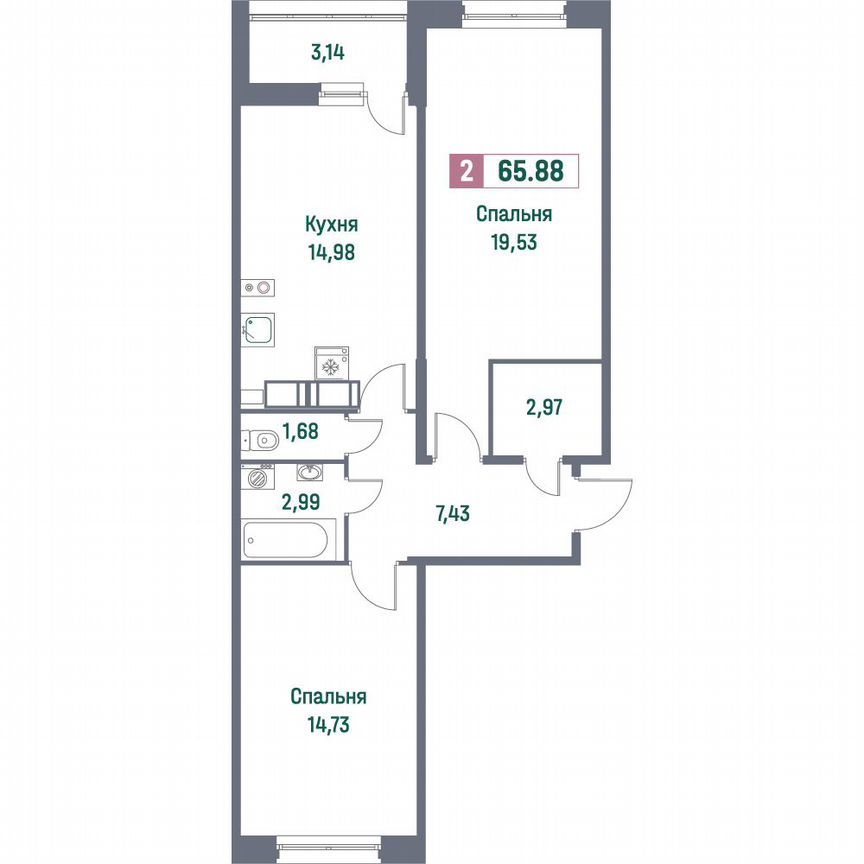 2-к. квартира, 65,9 м², 2/16 эт.