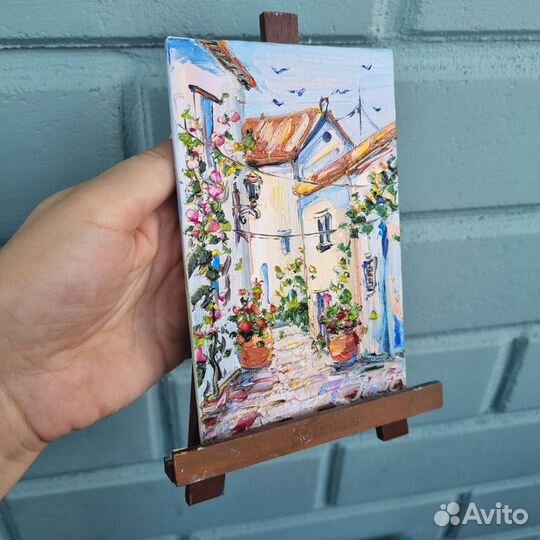 Картина маслом пейзаж Греции миниатюра цветы город