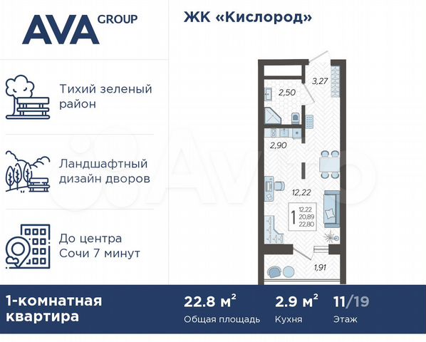 Квартира-студия, 22,8 м², 11/19 эт.