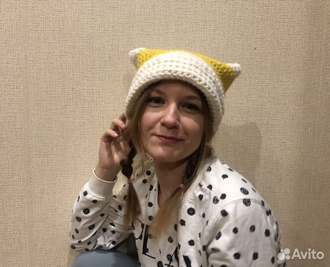 Шапка кошка, кошачьи ушки, вязаная шапка