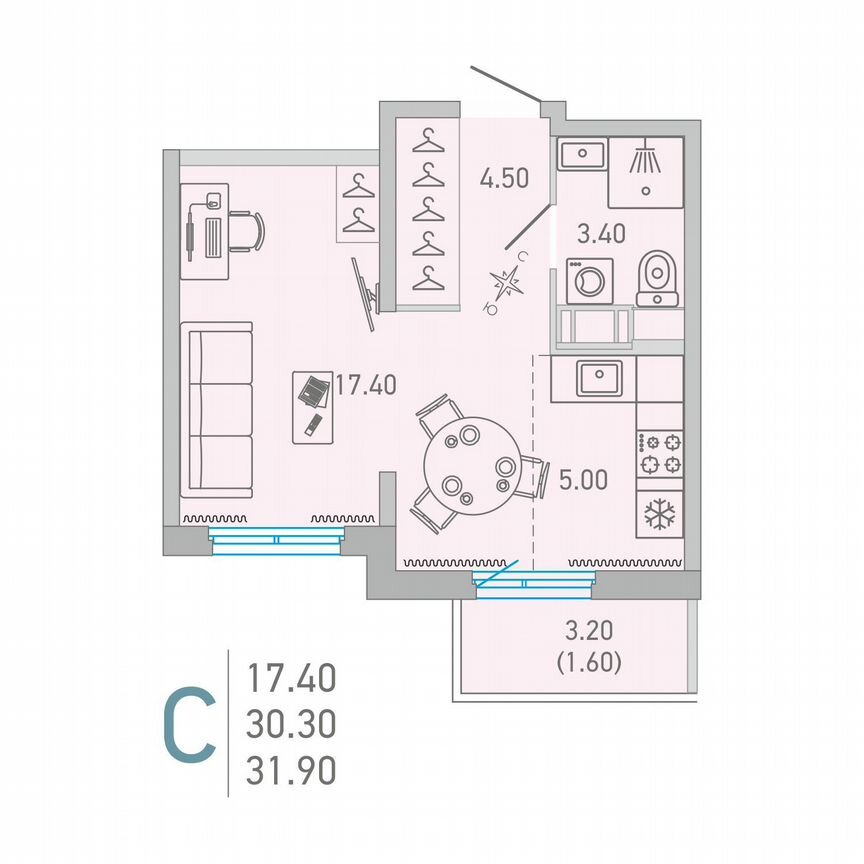 Квартира-студия, 31,9 м², 13/17 эт.