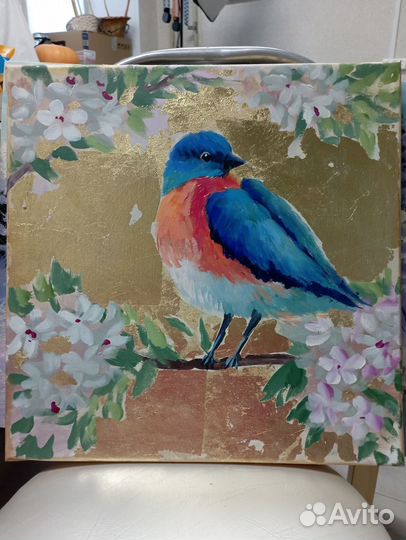 Картина Птички маслом с золочением поталью