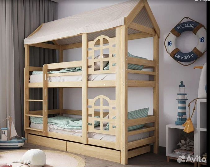 Детская двухъярусная кровать домик