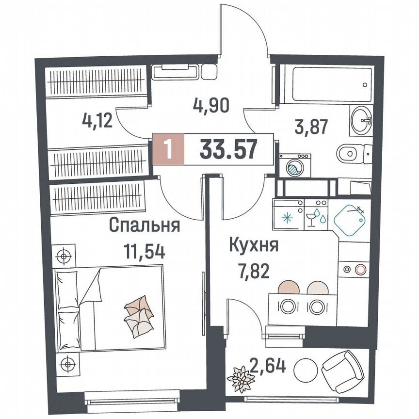 1-к. квартира, 33,6 м², 7/18 эт.