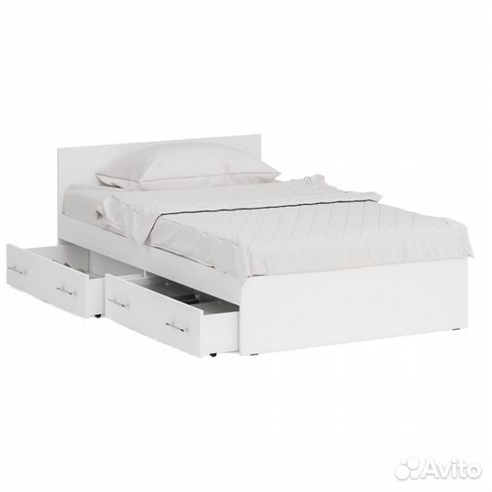 Кровать белая с ящиками Стандарт 1200, цвет белый, шхгхв 123,5х203,5х70 см., сп.м. 1200х2000 мм., бе