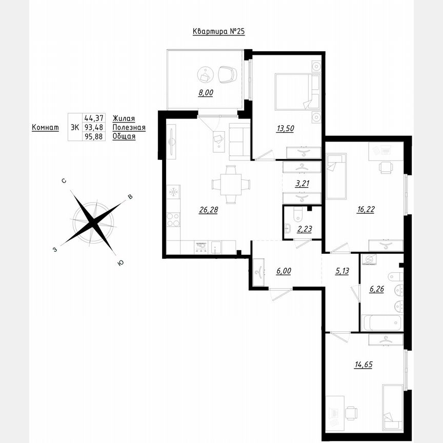 3-к. квартира, 95,9 м², 1/5 эт.