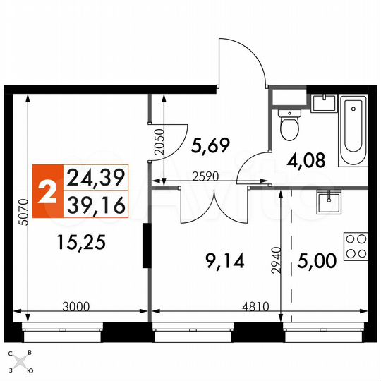2-к. апартаменты, 39,2 м², 6/15 эт.
