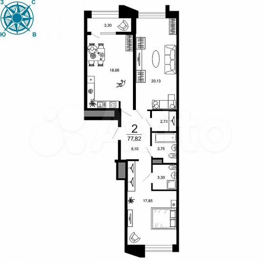 2-к. квартира, 77,8 м², 5/19 эт.