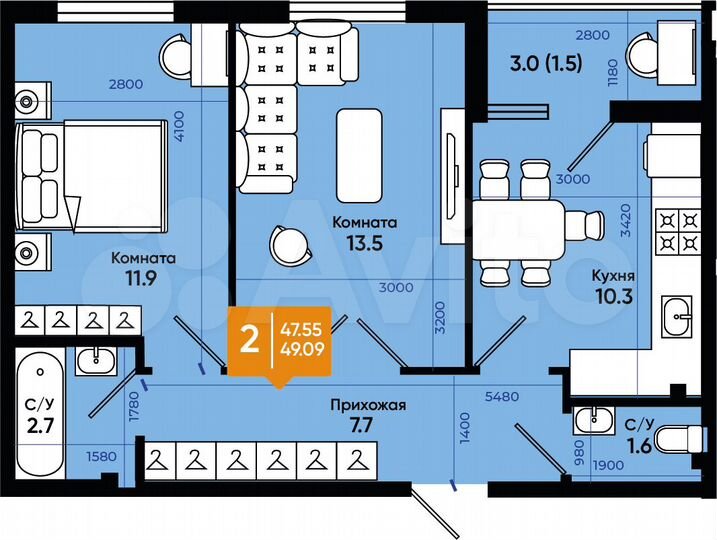 2-к. квартира, 49 м², 9/9 эт.