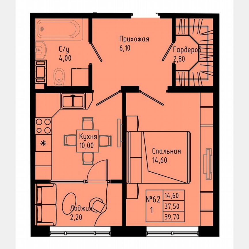 1-к. квартира, 39,7 м², 1/8 эт.