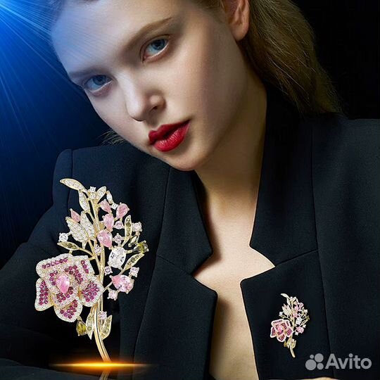Брошь Кулон Камелия Розовая Фианиты Цирконы Люкс