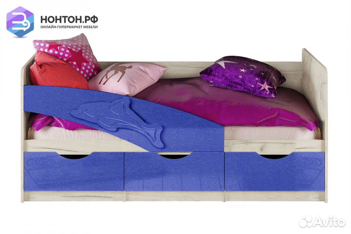Кровать Дельфин синий металлик / дуб крафт белый