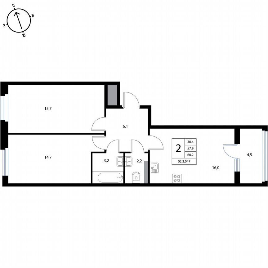 2-к. квартира, 60,2 м², 2/3 эт.