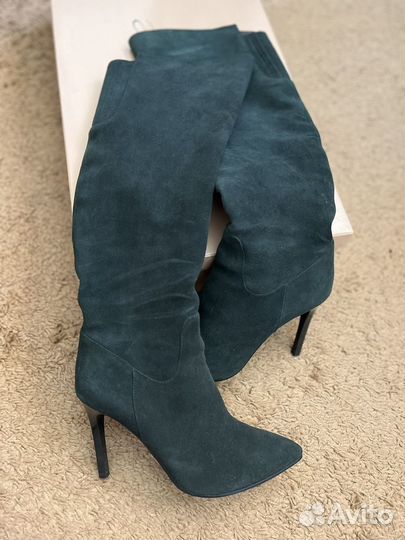 Сапоги демисезонные замшевые темно-зеленые 38 р-р
