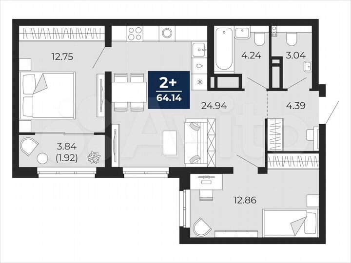 2-к. квартира, 64,1 м², 12/22 эт.