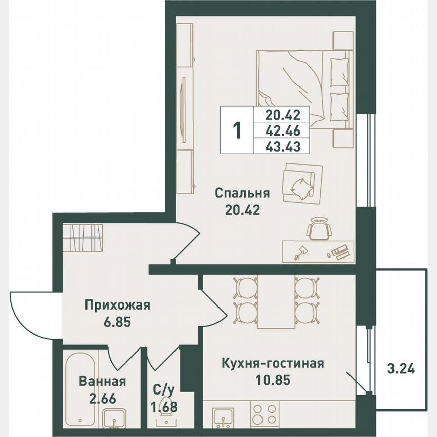 1-к. квартира, 43,4 м², 3/16 эт.