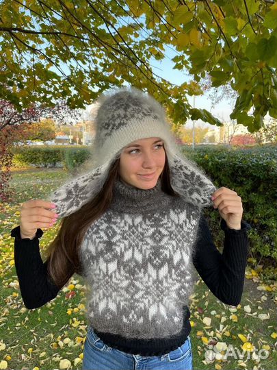 Шапка ушанка пуховая двойная вязаная Козий пух