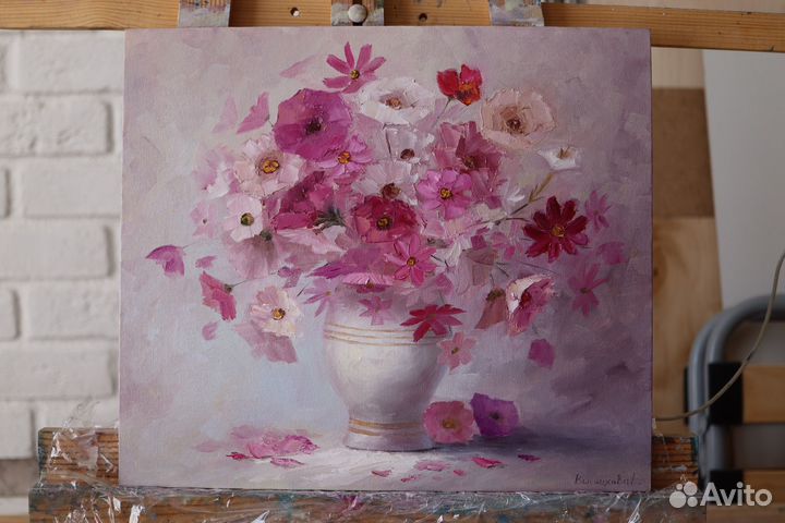 Картина маслом Цветы Фиалки и Космея 35х40см