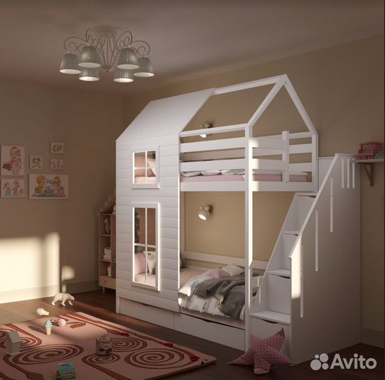 Детская кровать двухъярусная с окошками