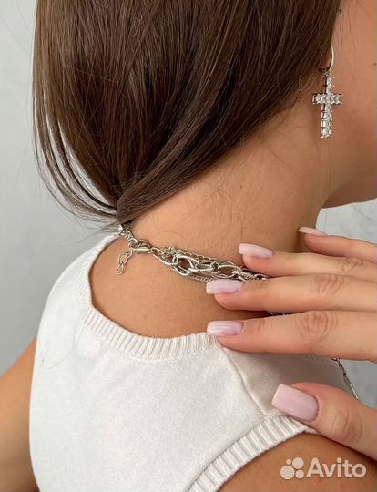 Цепь чокер с крестом многослойная