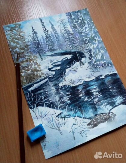 Картина акварелью.Зимний пейзаж