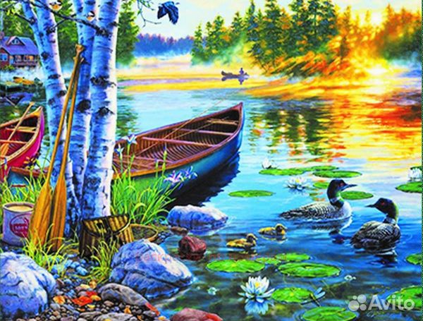 Алмазная мозаика 40x50 Утиное семейство на реке у