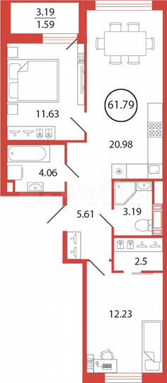 2-к. квартира, 61,8 м², 3/12 эт.