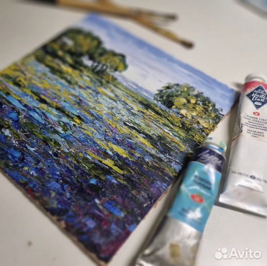 Картина маслом пейзаж цветы 19,5*19,5 см