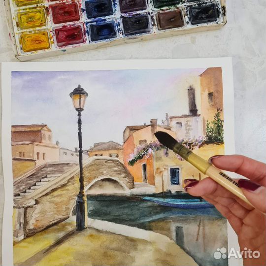 Картина Городской пейзаж. Акварель. 25 * 25 см