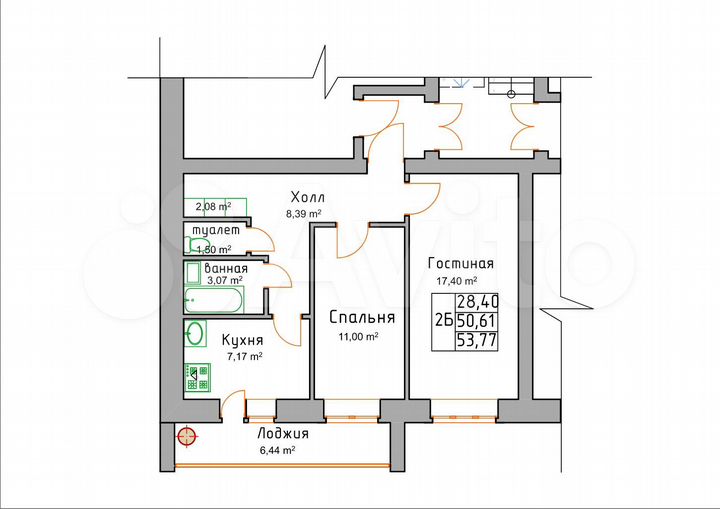 2-к. квартира, 53,8 м², 2/4 эт.