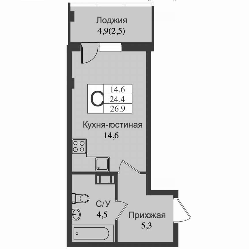 Квартира-студия, 29,7 м², 4/15 эт.