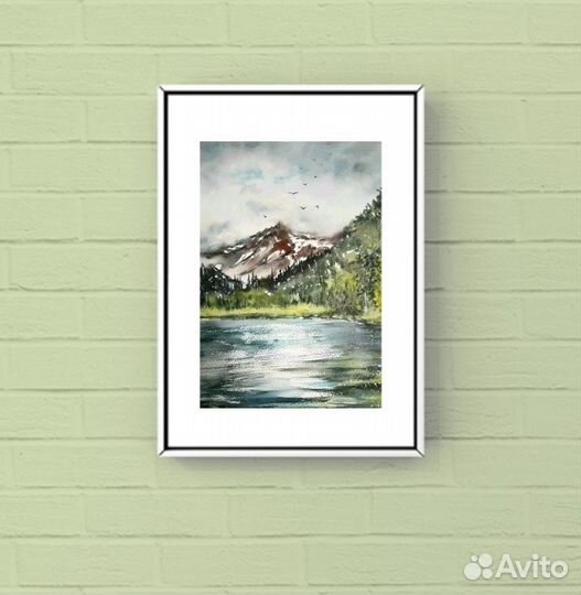 Картина Горный пейзаж акварель, хлопок