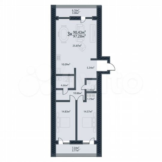 3-к. квартира, 97,3 м², 4/10 эт.