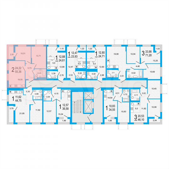 2-к. квартира, 55,4 м², 2/22 эт.
